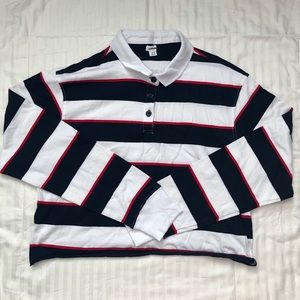 SOLD Garage White/Navy/Red Striped Polo Long Sleeve Top